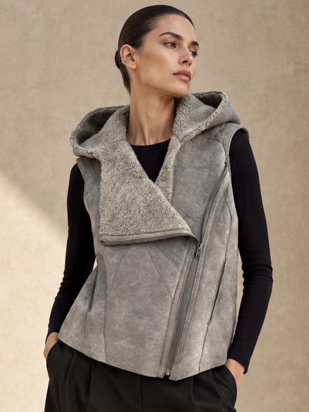 Helmut Lang Shearling Hooded Vest Grey Asymmetrical Biker Avant-Garde Luxury